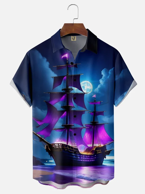 Moisture-wicking Fantasy Pirate Ship Chest Pocket Casual Shirt