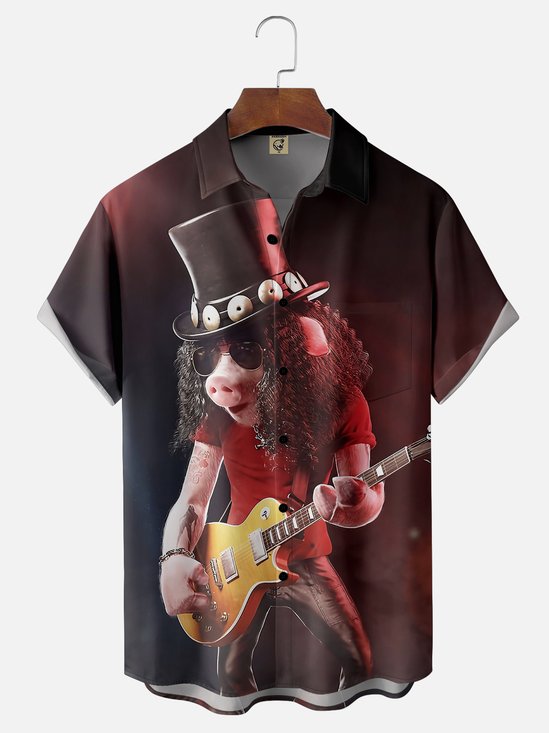 Moisture-wicking Music Festival Party Pig Electric Guitarist Fun Chest Pocket Casual Shirt