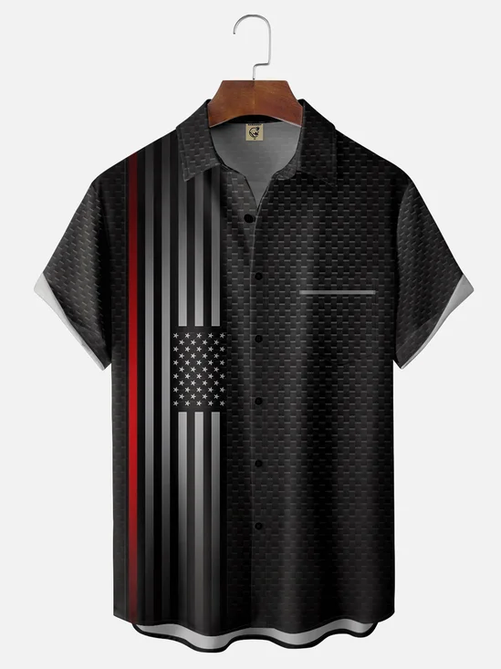Moisture-wicking American Flag Art Independence Day Black Chest Pocket Bowling Shirt