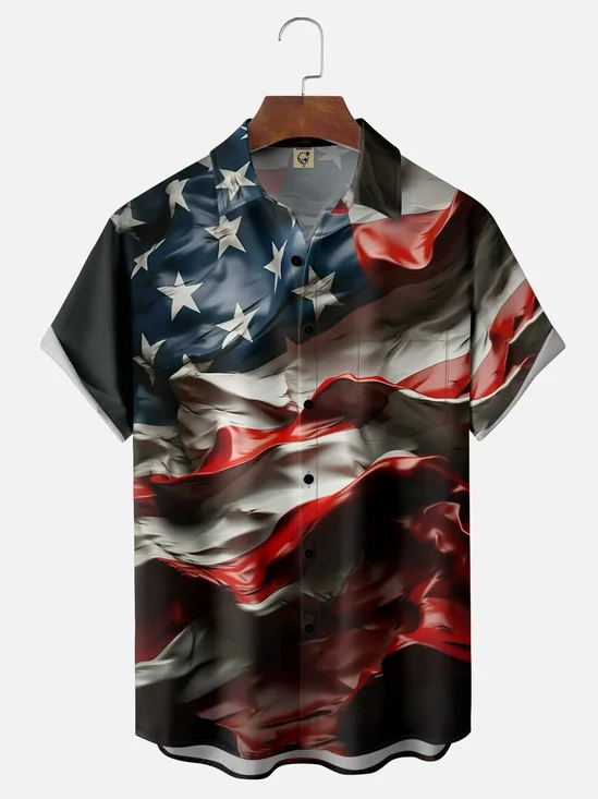 Moisture-wicking American Flag Flying Art Independence Day Chest Pocket Casual Shirt