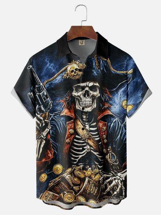 Moisture-wicking Pirate Skeleton Chest Pocket Hawaiian Shirt