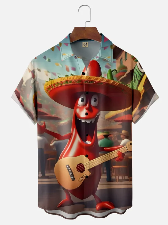 Moisture Wicking Cinco de Mayo Big Hat Chili Chest Pocket Hawaiian Shirt