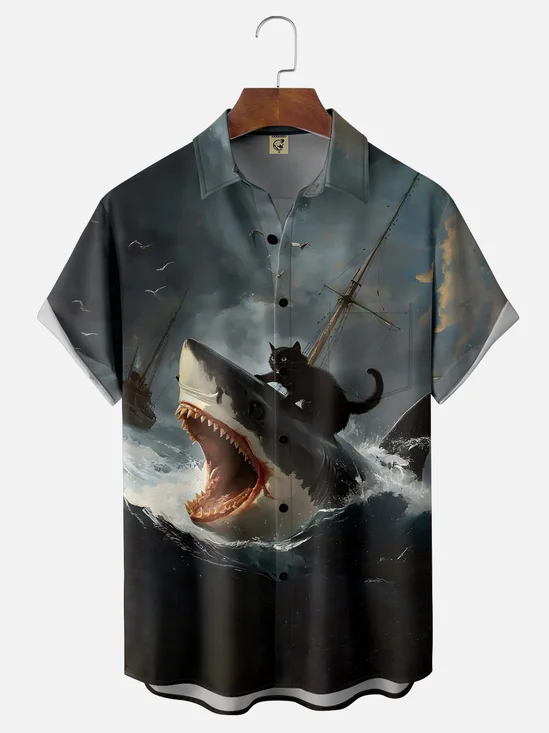 Moisture-wicking Shark Rider Cat Funny Chest Pocket Casual Shirt