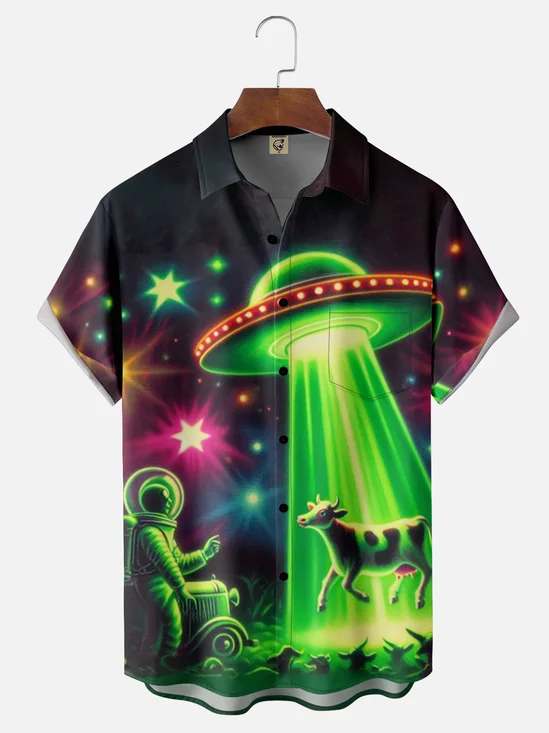 Moisture Wicking Alien UFO Cow Chest Pocket Hawaiian Shirt