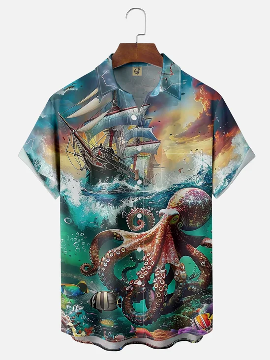 Moisture-wicking Ocean Art Octopus Pirate Ship Chest Pocket Hawaiian Shirt