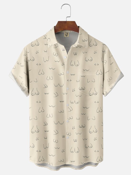Moisture-wicking Fun "BOOBS" Artistic Avant-garde Pink Chest Pocket Casual Shirt