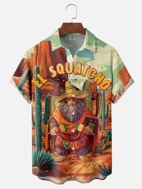 Moisture-wicking Cinco de Mayo Bigfoot Cactus Chest Pocket Casual Shirt