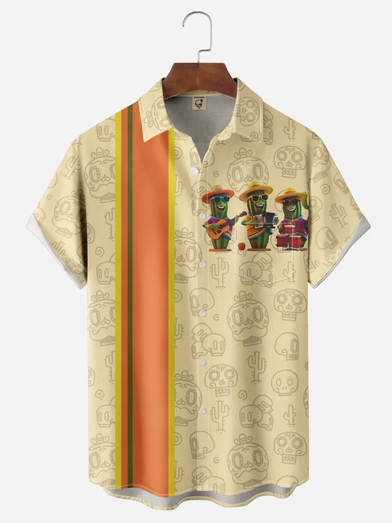 Moisture-wicking Cinco de Mayo Cactus Guitar Music Chest Pocket Bowling Shirt
