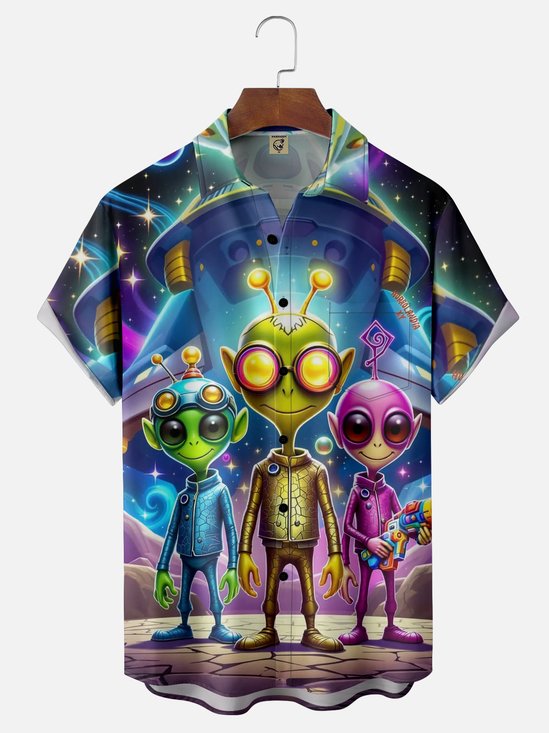Moisture Wicking Space Alien Spaceship Chest Pocket Hawaiian Shirt