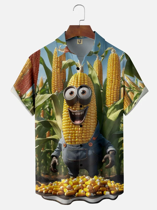 Moisture-wicking Funny Big Eye Corn Chest Pocket Hawaiian Shirt