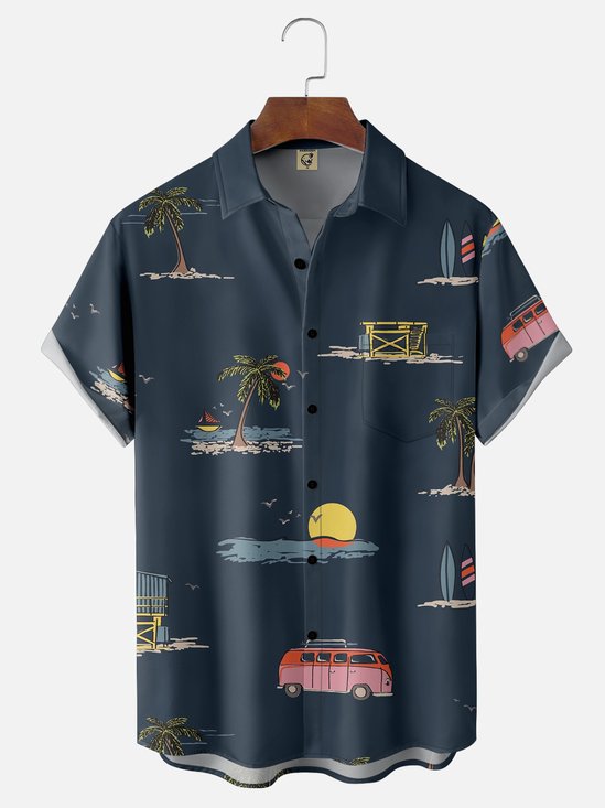 Moisture-wicking Coconut Tree Surfboard Bus Chest Pocket Hawaiian Shirt