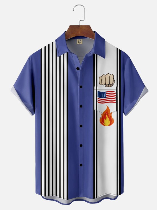 Moisture-wicking Funny "Fist American Flag Fire" Avant-garde Expression Chest Pocket Bowling Shirt