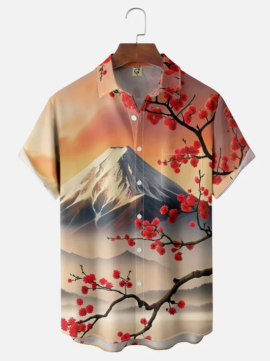 Moisture Wicking Japan Mount Fuji Cherry Blossom Chest Pocket Hawaiian Shirt