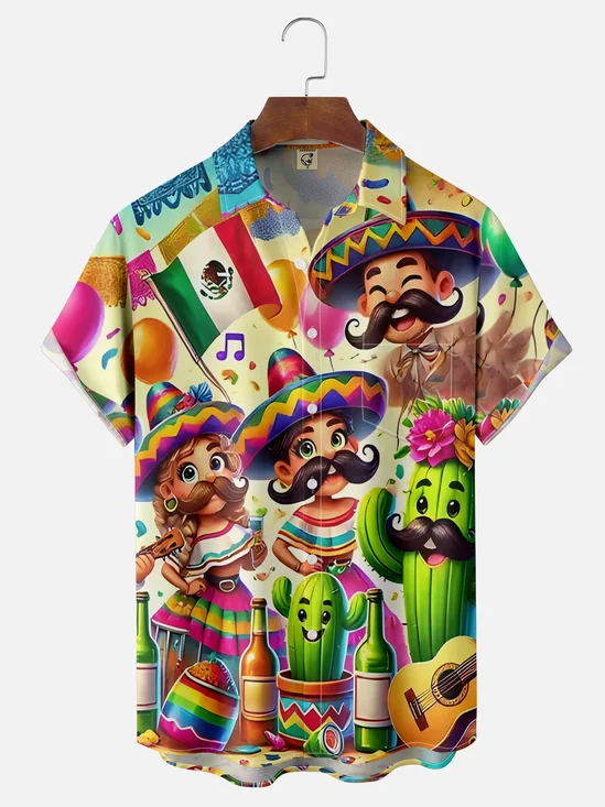 Moisture Wicking Cinco de Mayo Big Hat Party Chest Pocket Hawaiian Shirt