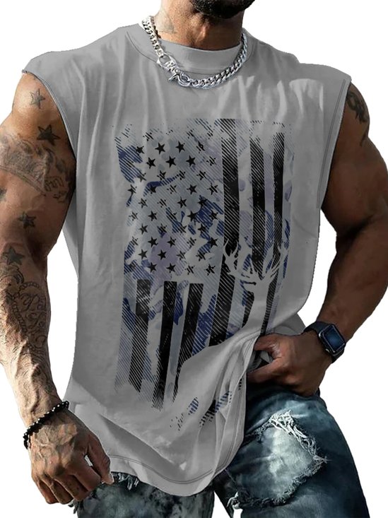 Mens Crewneck Tank Tops American Flag Reindeer Beach Sleeveless Shirt