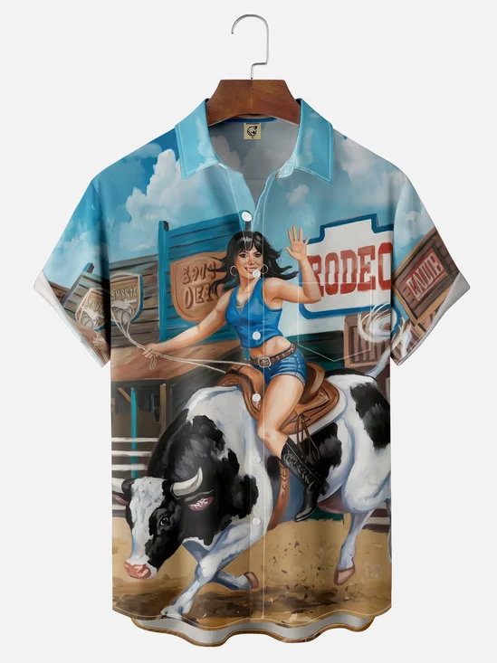 Moisture Wicking Cow Babes Denim Chest Pocket Hawaiian Shirt
