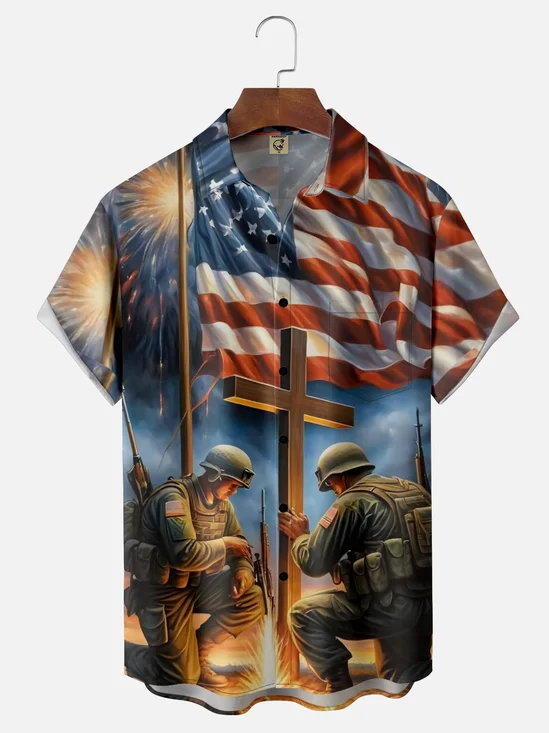 Moisture Wicking Memorial Day Chest Pocket Hawaiian Shirts
