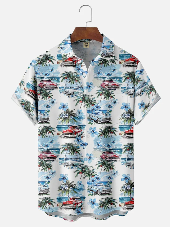 Moisture-wicking Beach Retro Car Chest Pocket Hawaiian Shirt