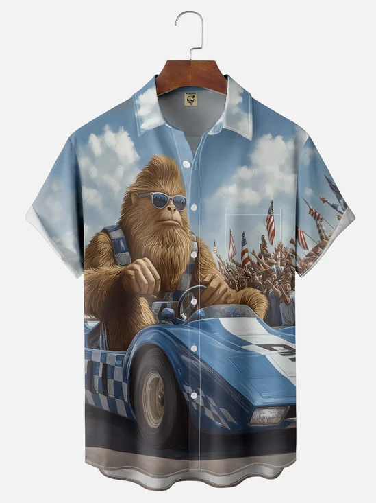 Moisture-wicking Bigfoot Driving Race Car Chest Pocket Hawaiian Shirt