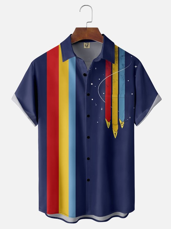 Moisture-wicking Star Spaceship Universe Chest Pocket Bowling Shirt
