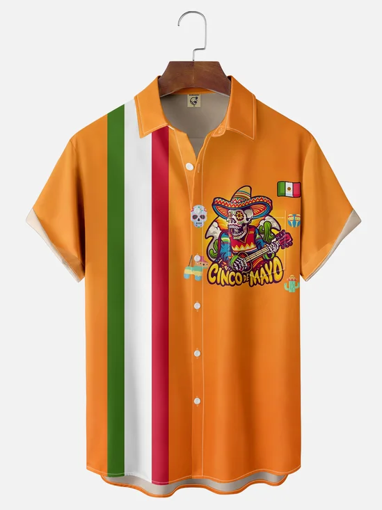 Moisture-wicking Cinco de Mayo Skeleton Chest Pocket Bowling Shirt