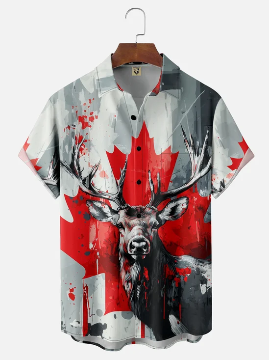 Moisture-wicking Canada Day Reindeer Chest Pocket Casual Shirt