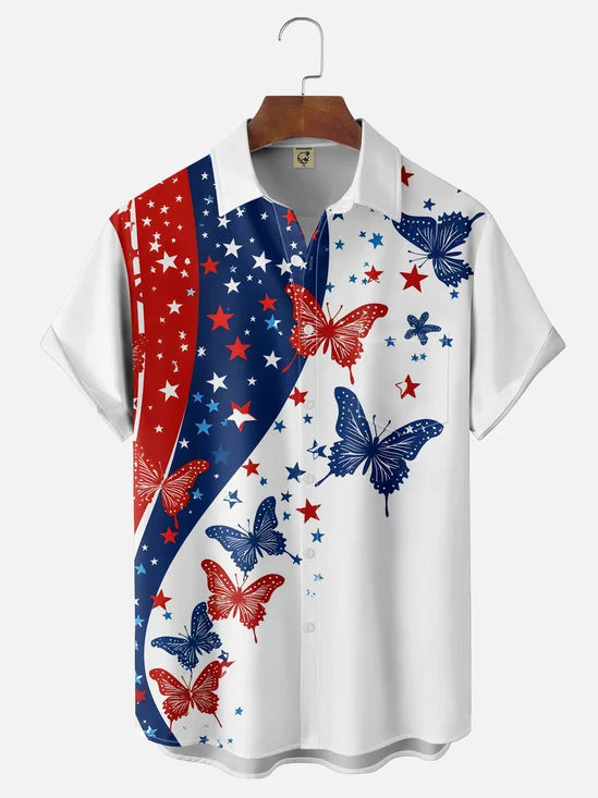 Moisture-wicking American Flag Butterfly Chest Pocket Casual Shirt