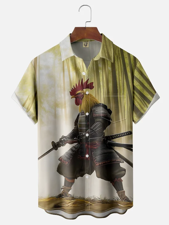 Moisture Wicking Funny Warrior Chicken Chest Pocket Hawaiian Shirt