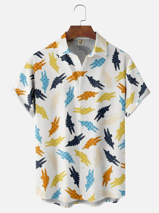 Moisture-wicking Crocodile Stars Cartoon Chest Pocket Casual Shirt