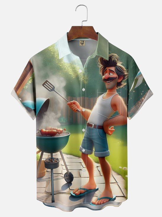 Moisture-wicking BBQ Festival Party Carnival BBQ Art Chest Pocket Casual Shirt