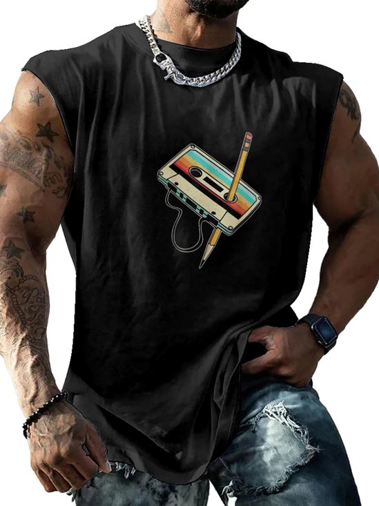 Mens Crewneck Tank Tops Vintage Tape Beach Sleeveless Shirt