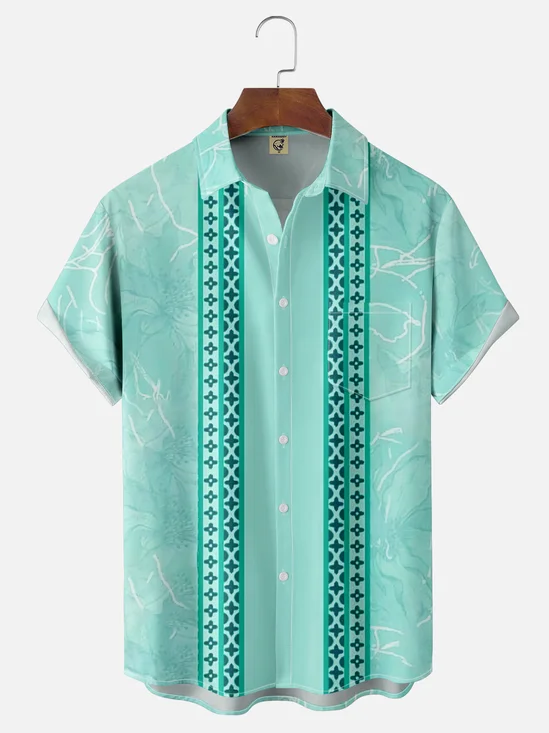 Moisture Wicking Geometric Stripes Chest Pocket Hawaiian Shirt