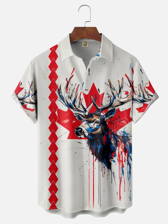 Moisture-wicking Canada Day Reindeer Chest Pocket Bowling Shirt