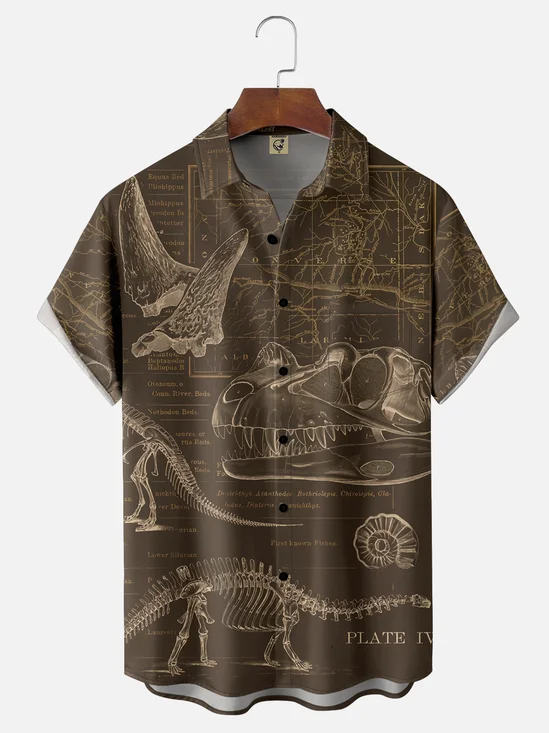 Moisture-wicking Dinosaur Fossil Shells Chest Pocket Casual Shirt