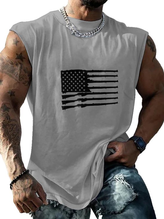Mens Crewneck Tank Tops American Flag Rifle Beach Sleeveless Shirt