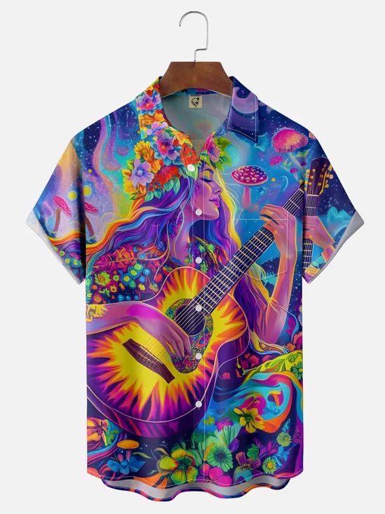 Moisture Wicking Punk Guitar Music Girl Chest Pocket Hawaiian Shirt
