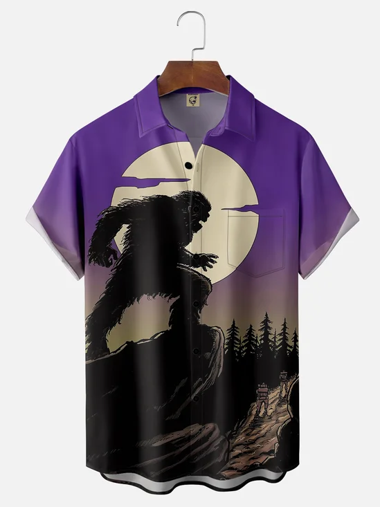 Moisture-wicking Bigfoot Moon Forest Chest Pocket Hawaiian Shirt