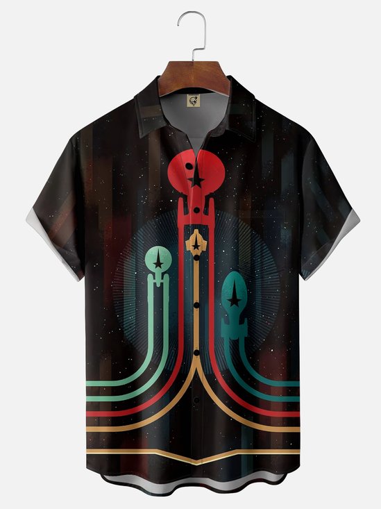Moisture-wicking Star Spaceship Universe Chest Pocket Casual Shirt
