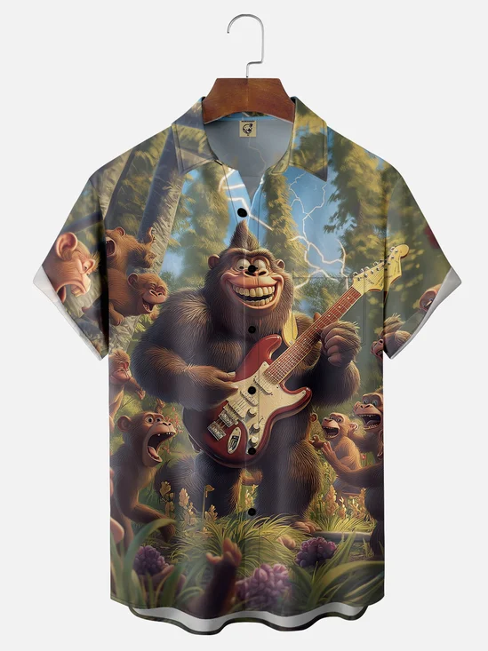 Moisture-wicking Chimpanzees Music Guitar Chest Pocket Hawaiian Shirt