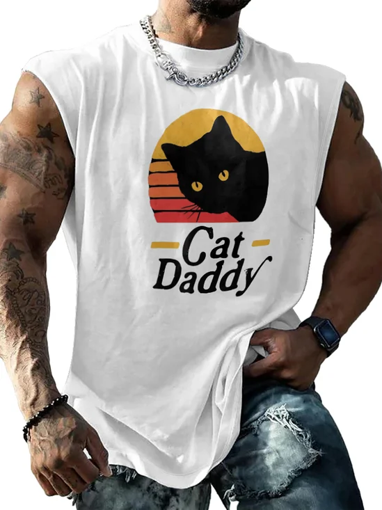 Mens Crewneck Tank Tops Cat Father Beach Sleeveless Shirt