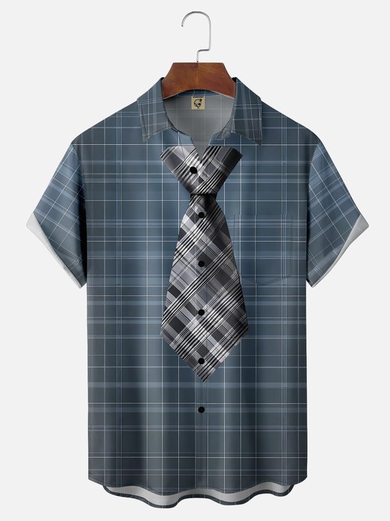 Moisture-wicking Father‘s Day Plaid Tie Chest Pocket Business Shirt