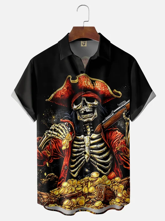 Moisture-wicking Pirate Skeleton Chest Pocket Casual Shirt