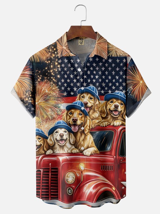 Moisture-wicking American Flag Golden Retriever Dog Chest Pocket Casual Shirt