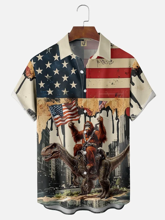 Moisture-wicking American Flag Dinosaur Bigfoot Independence Day Chest Pocket Casual Shirt