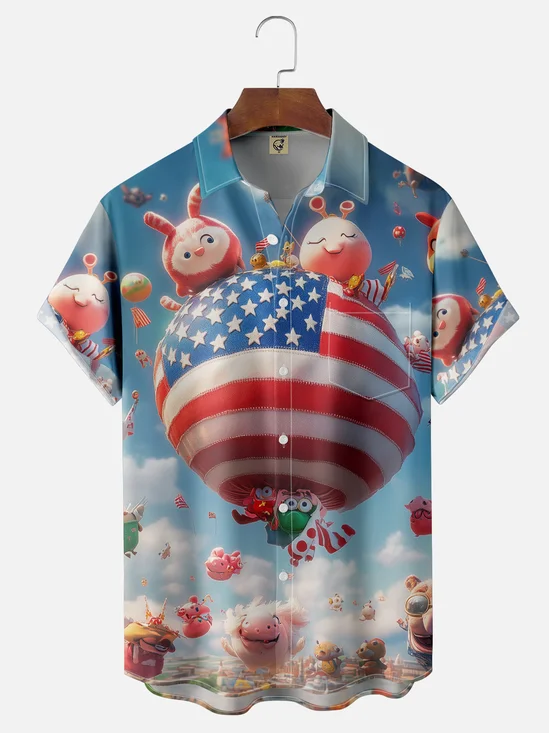 Moisture-wicking American Balloon Cartoon Animal Chest Pocket Casual Shirt