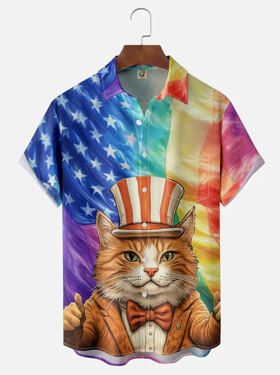 Moisture-wicking American Flag Cat Chest Pocket Casual Shirt