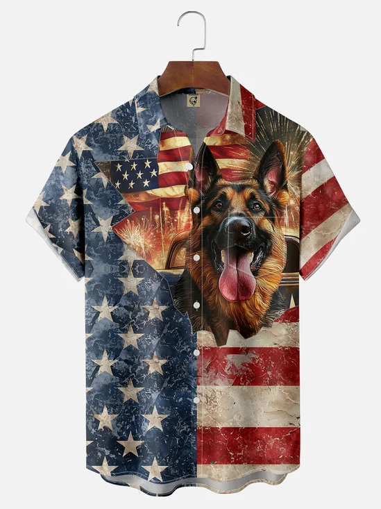 Moisture-wicking American Flag German Shepherd Dog Chest Pocket Casual Shirt