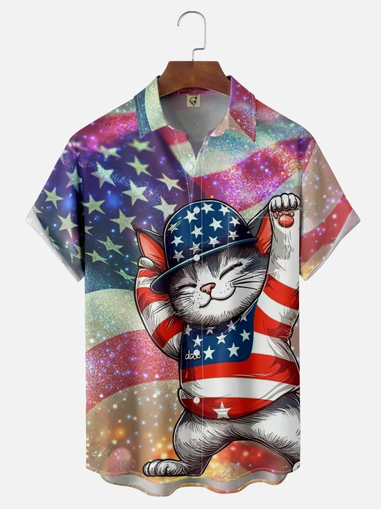 Moisture-wicking American Flag Cat Chest Pocket Casual Shirt
