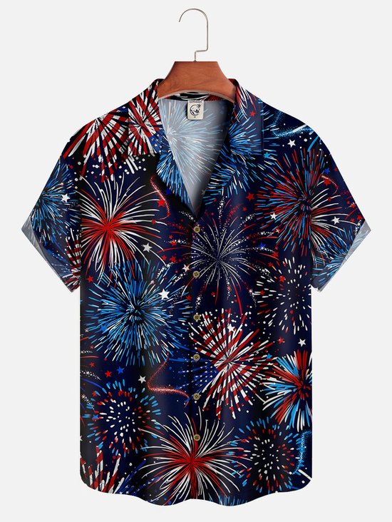 Tall Size Moisture Wicking Fireworks American Flag Short Sleeve Aloha Shirt