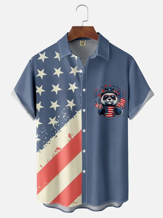 Moisture-wicking American Flag Panda Chest Pocket Casual Shirt